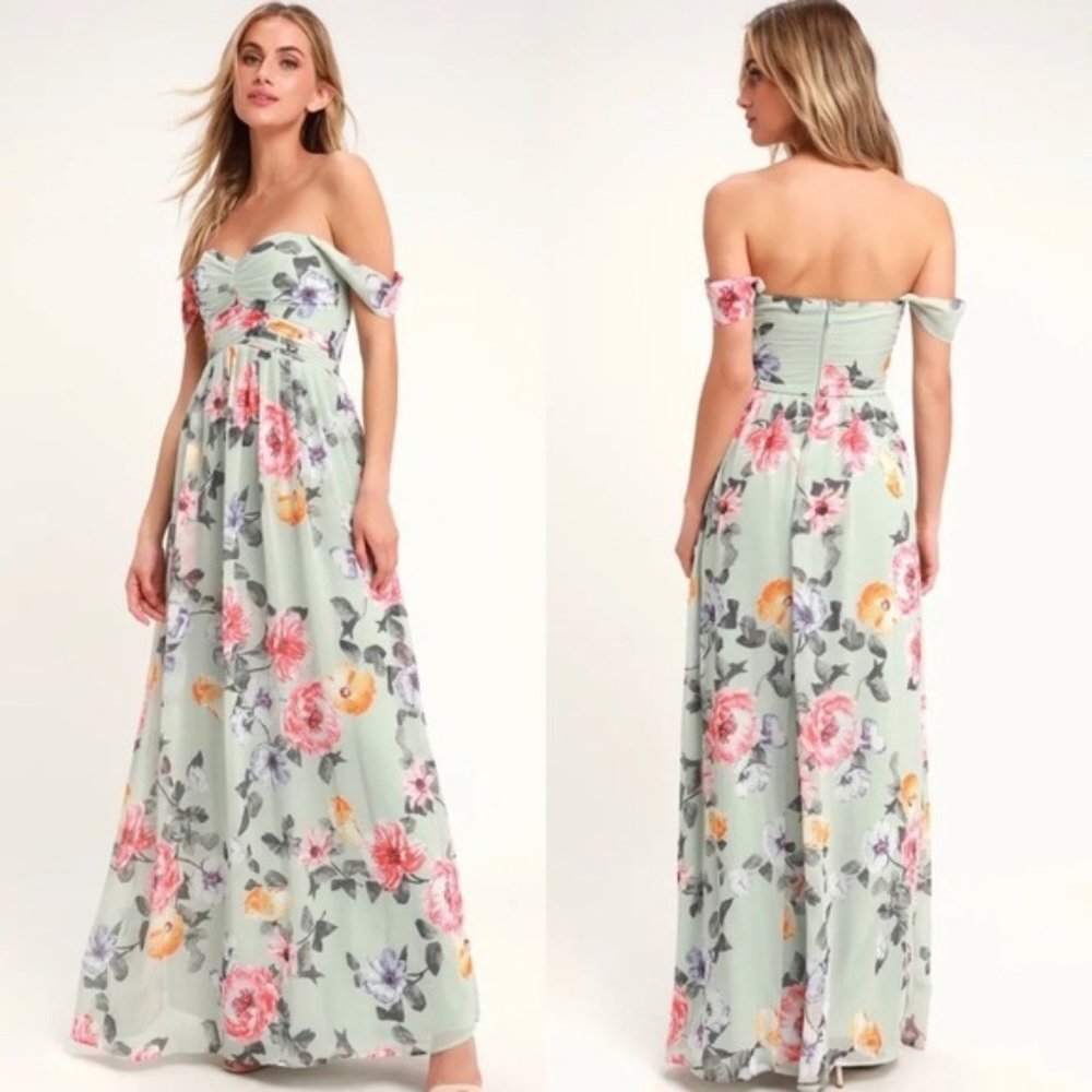 NWT Lulus Harmonious Love Mint Floral Print Off-the-Shoulder Maxi Dress
